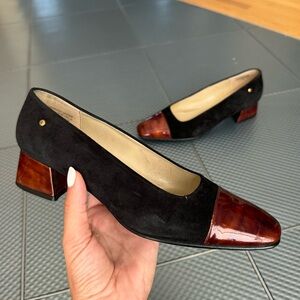 Etienne Aigner Vintage Black Suede Heels with Brown Toes